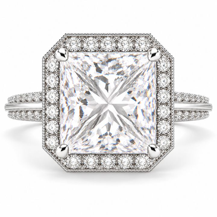 Beatrice 7.45 Carat Princess Cut Halo Pave Knife Edge Milgrain Engagement Ring