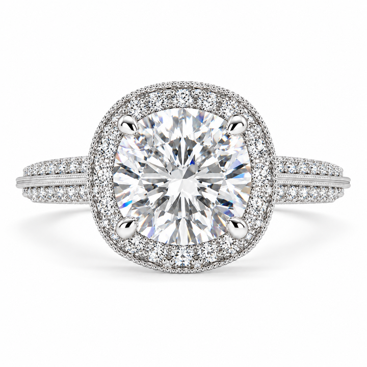 Beatrice 5.45 Carat Cushion Cut Halo Pave Knife Edge Milgrain Engagement Ring