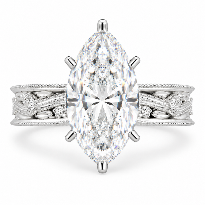 Sabrina 6 Carat Marquise Cut Solitaire Hand Engraved Milgrain Engagement Ring