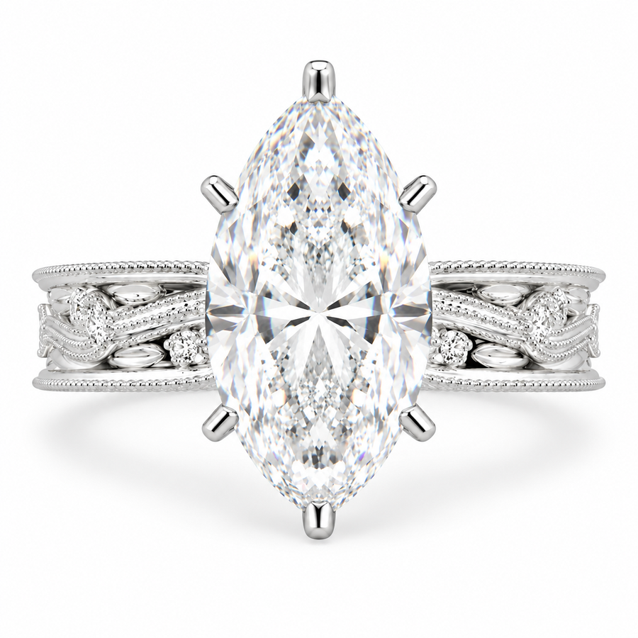 Sabrina 6 Carat Marquise Cut Solitaire Hand Engraved Milgrain Engagement Ring