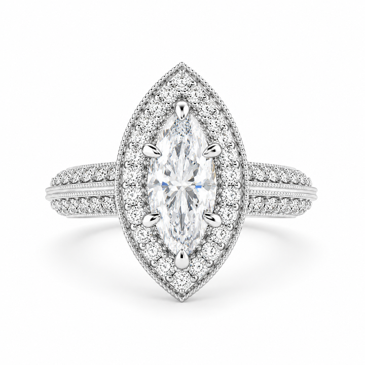 Beatrice 1.45 Carat Marquise Cut Halo Pave Knife Edge Milgrain Engagement Ring