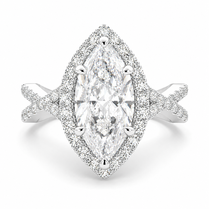 Ophelia 4.35 Carat Marquise Cut Pave Halo Split Shank Engagement Ring