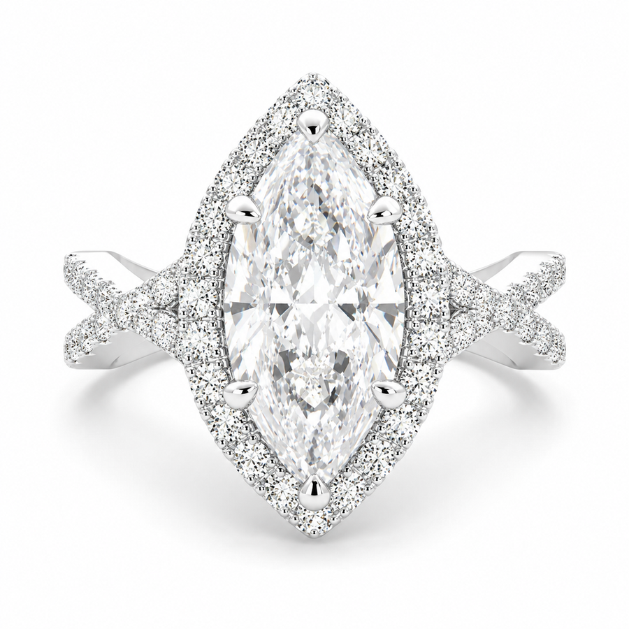 Ophelia 4.35 Carat Marquise Cut Pave Halo Split Shank Engagement Ring