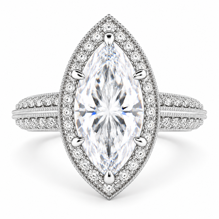 Beatrice 6.45 Carat Marquise Cut Halo Pave Knife Edge Milgrain Engagement Ring