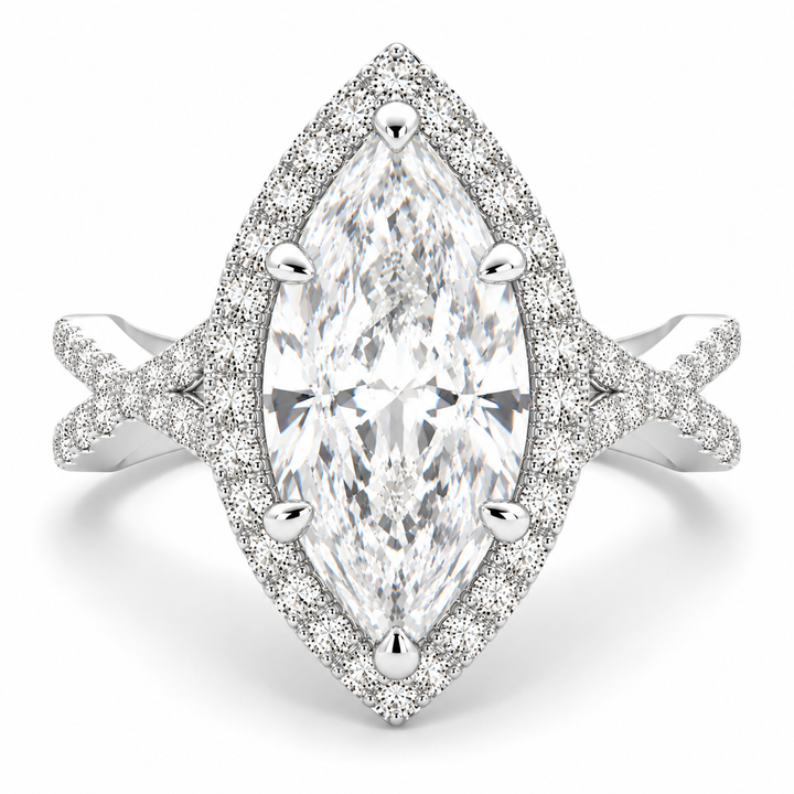 Ophelia 6.35 Carat Marquise Cut Pave Halo Split Shank Engagement Ring