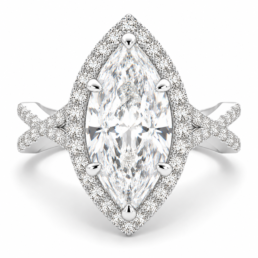 Ophelia 6.35 Carat Marquise Cut Pave Halo Split Shank Engagement Ring