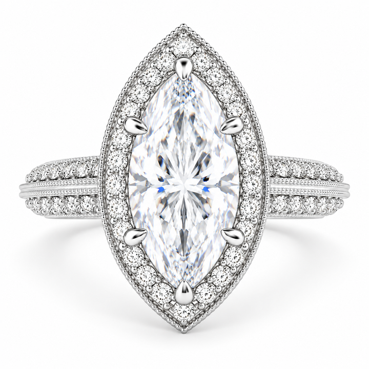 Beatrice 5.45 Carat Marquise Cut Halo Pave Knife Edge Milgrain Engagement Ring