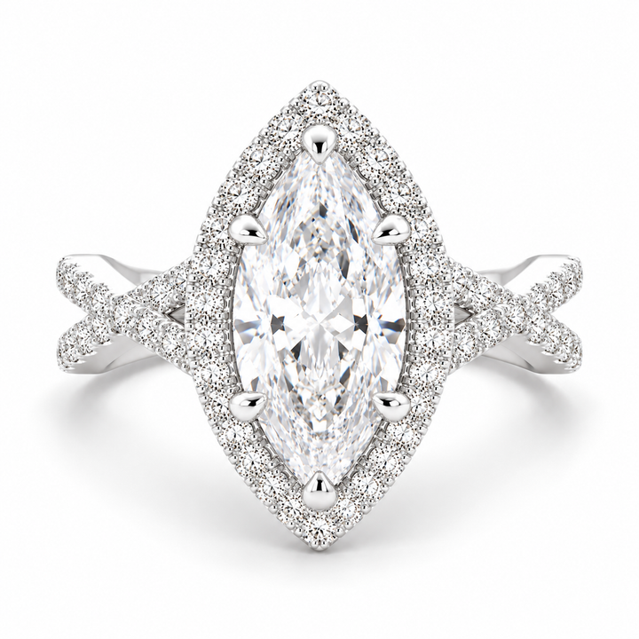 Ophelia 3.35 Carat Marquise Cut Pave Halo Split Shank Engagement Ring