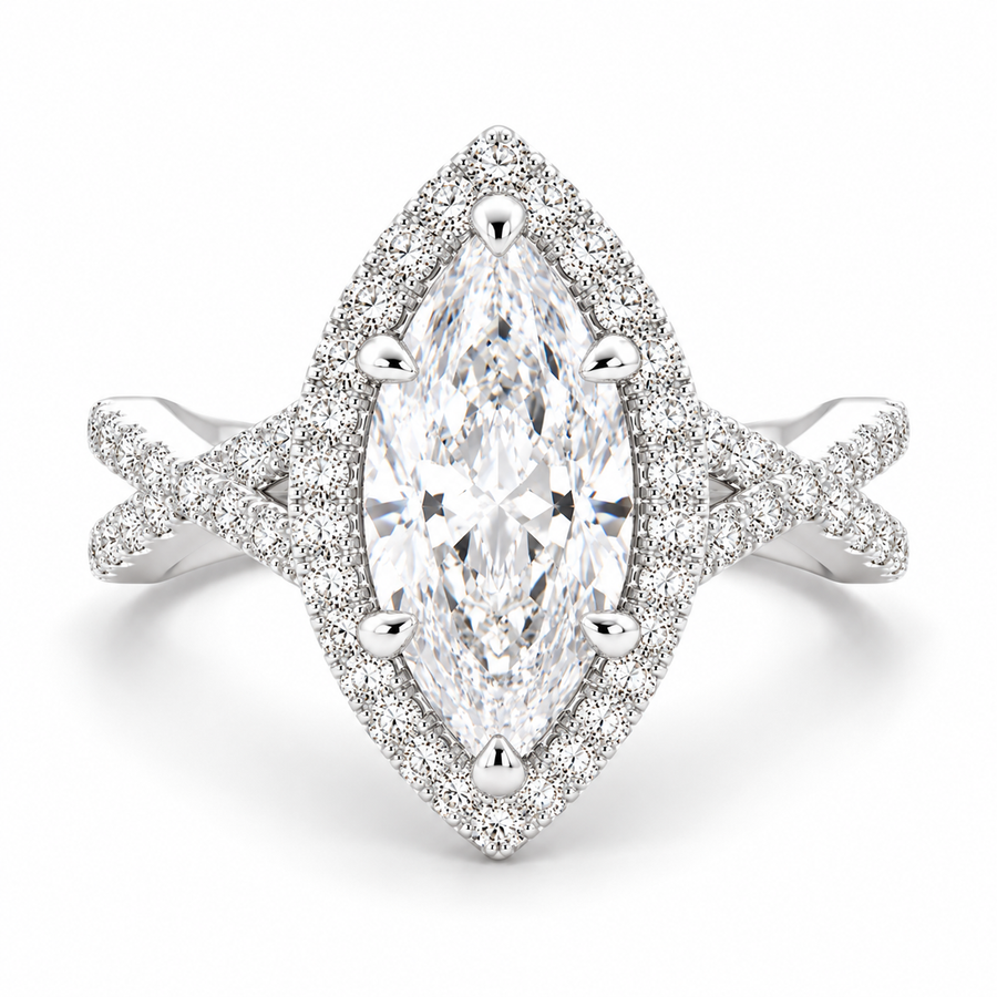 Ophelia 3.35 Carat Marquise Cut Pave Halo Split Shank Engagement Ring