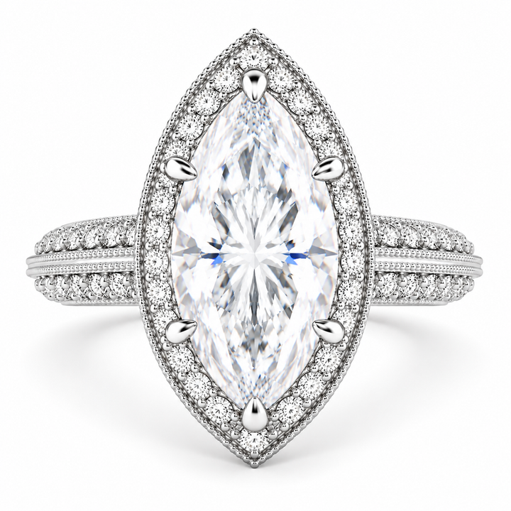 Beatrice 7.45 Carat Marquise Cut Halo Pave Knife Edge Milgrain Engagement Ring