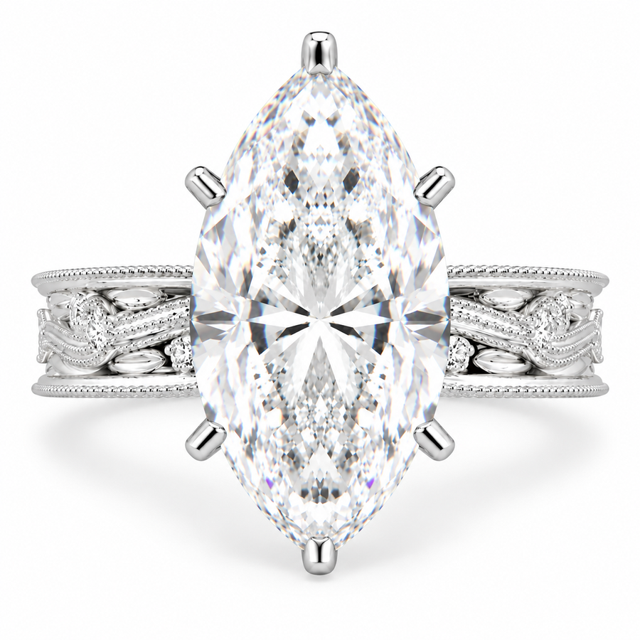 Sabrina 7 Carat Marquise Cut Solitaire Hand Engraved Milgrain Engagement Ring