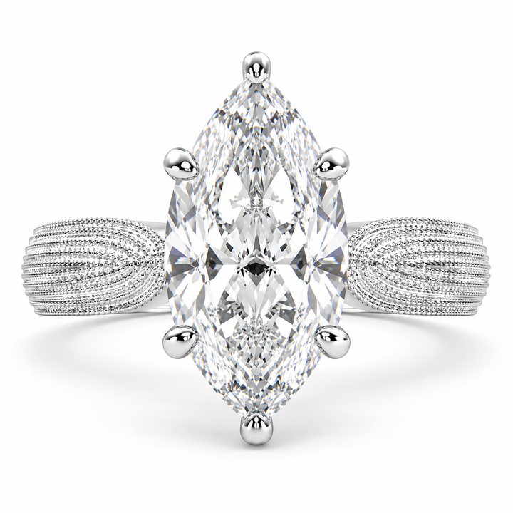 Valentina 5 Carat Marquise Cut Solitaire Tapered Milgrain Engagement Ring