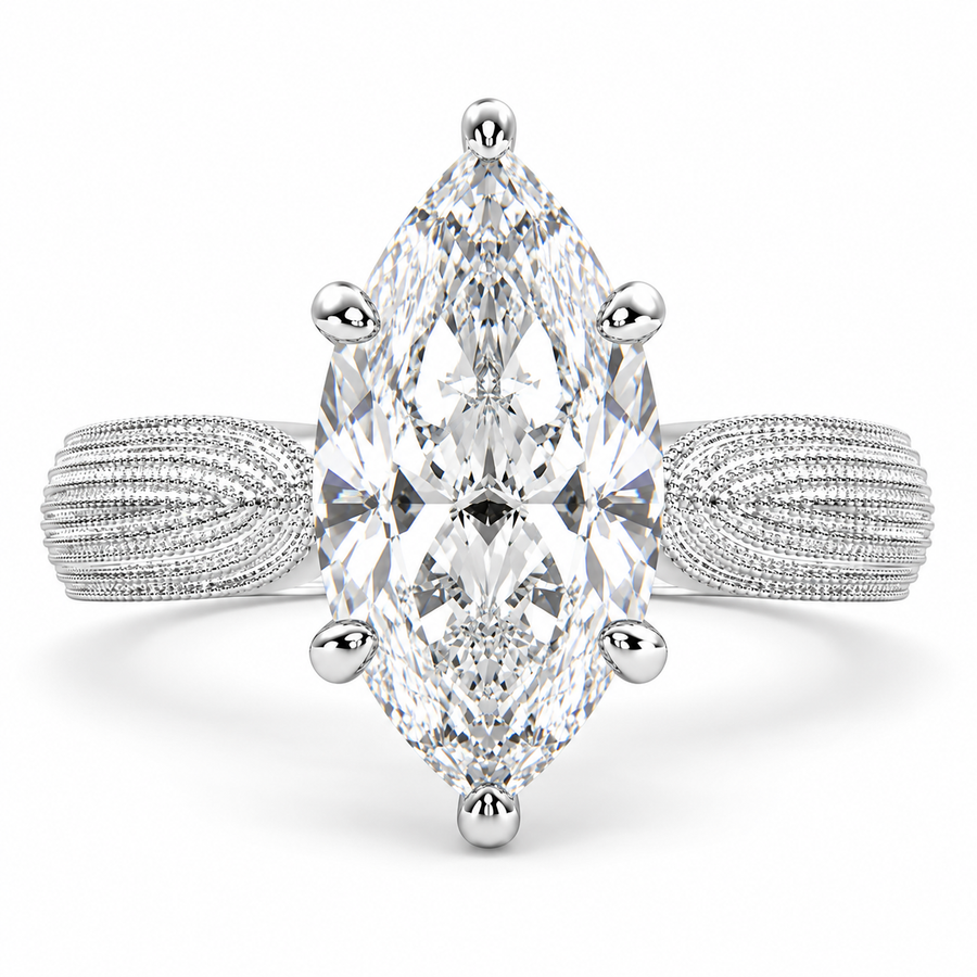 Valentina 5 Carat Marquise Cut Solitaire Tapered Milgrain Engagement Ring