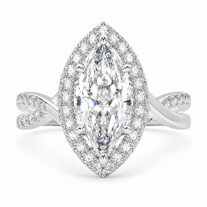 Celestina 4.35 Carat Marquise Cut Halo Pave Split Shank Engagement Ring