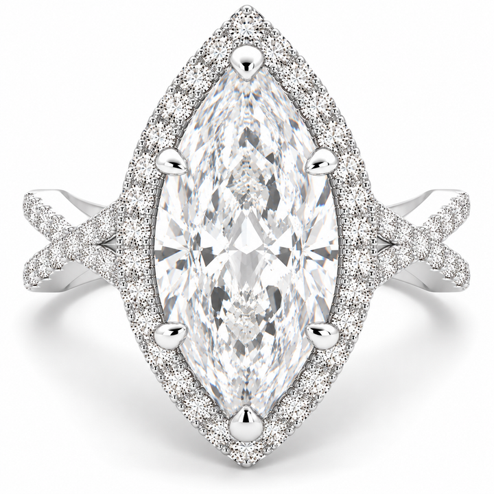 Ophelia 7.35 Carat Marquise Cut Pave Halo Split Shank Engagement Ring