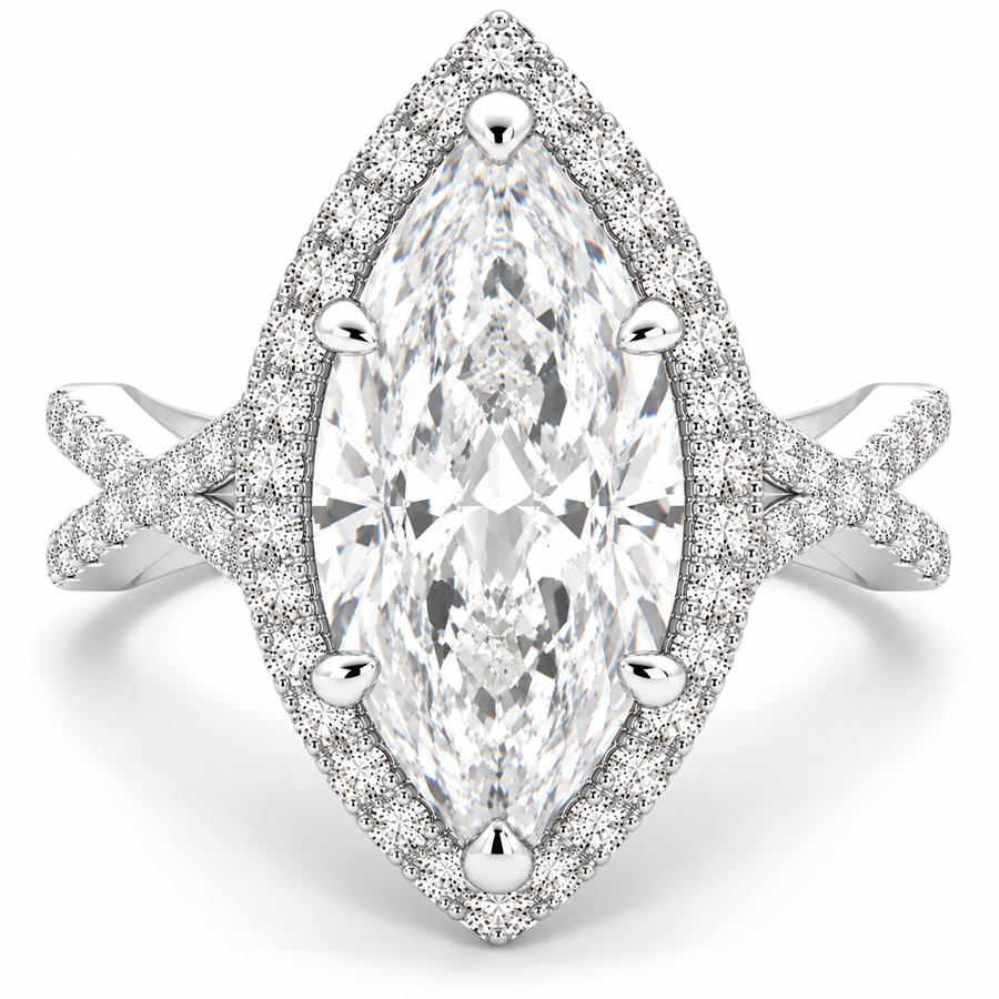 Ophelia 7.35 Carat Marquise Cut Pave Halo Split Shank Engagement Ring