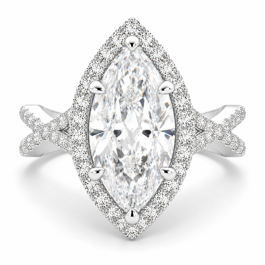 Ophelia 5.35 Carat Marquise Cut Pave Halo Split Shank Engagement Ring