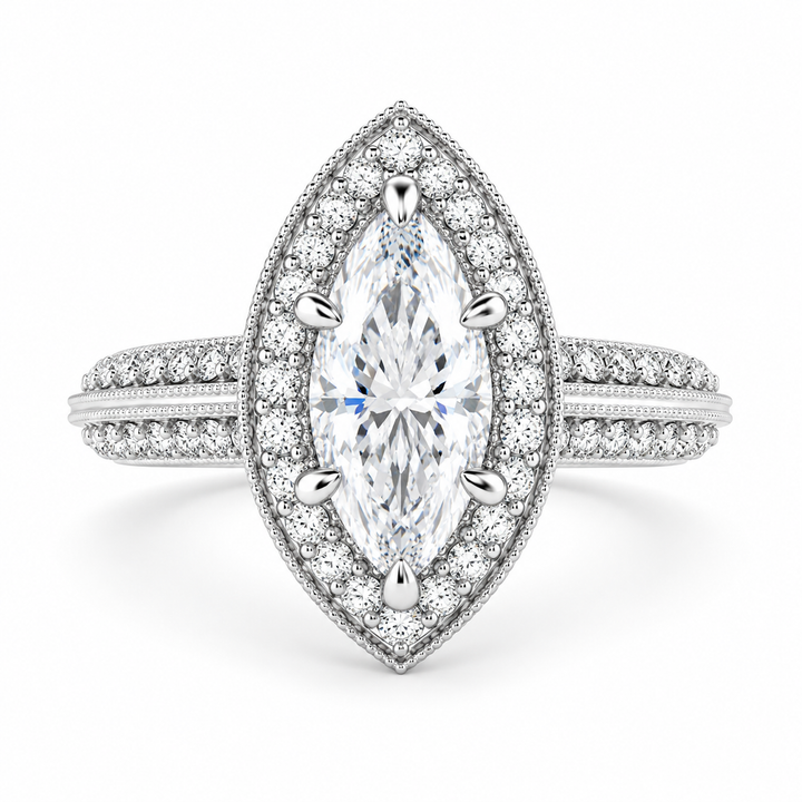Beatrice 2.45 Carat Marquise Cut Halo Pave Knife Edge Milgrain Engagement Ring