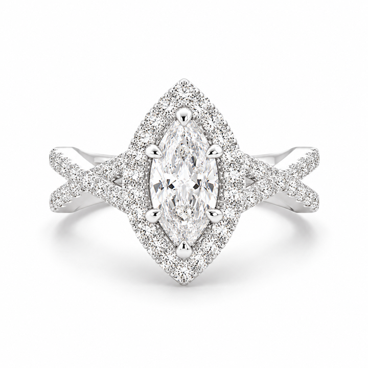 Ophelia 1.35 Carat Marquise Cut Pave Halo Split Shank Engagement Ring