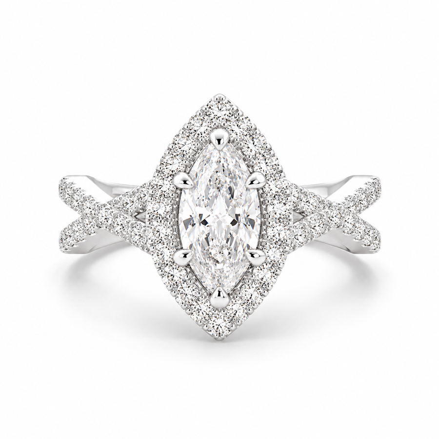 Ophelia 1.35 Carat Marquise Cut Pave Halo Split Shank Engagement Ring