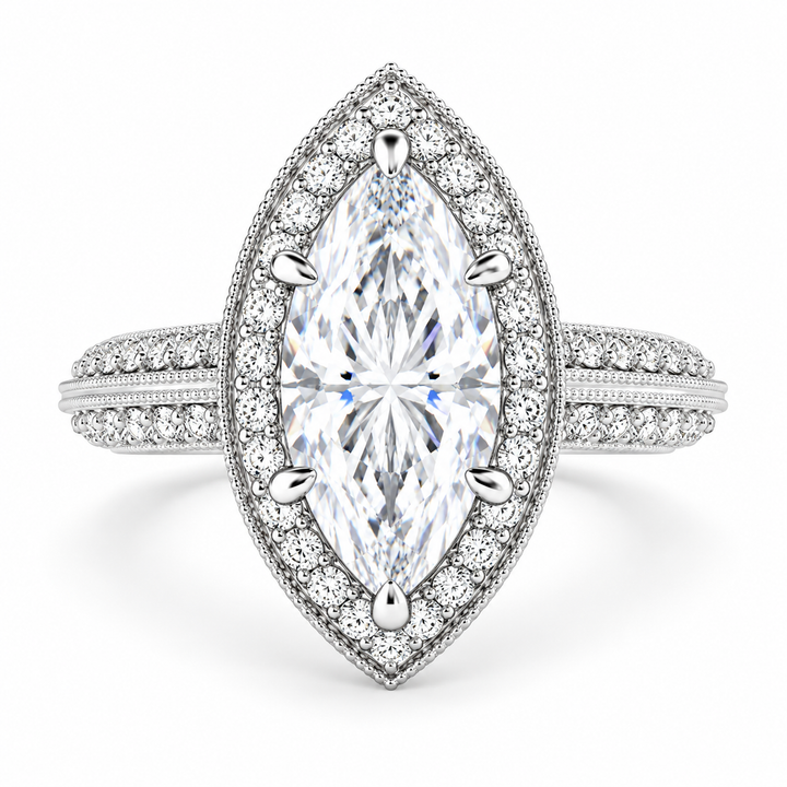 Beatrice 3.45 Carat Marquise Cut Halo Pave Knife Edge Milgrain Engagement Ring