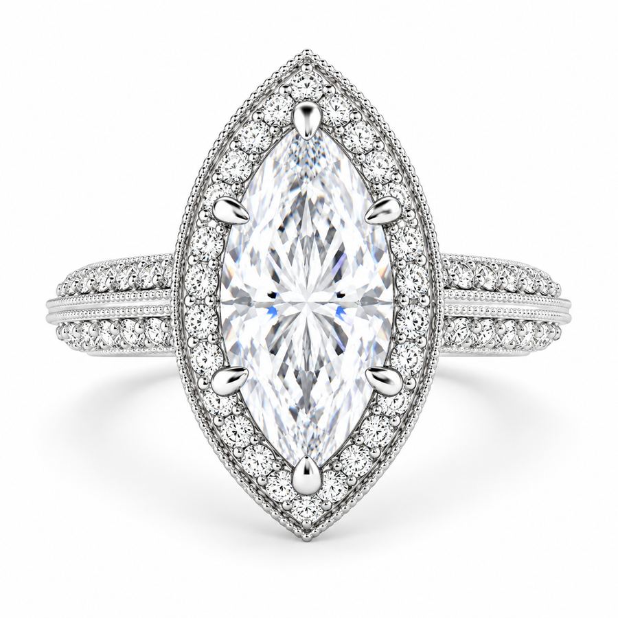 Beatrice 3.45 Carat Marquise Cut Halo Pave Knife Edge Milgrain Engagement Ring