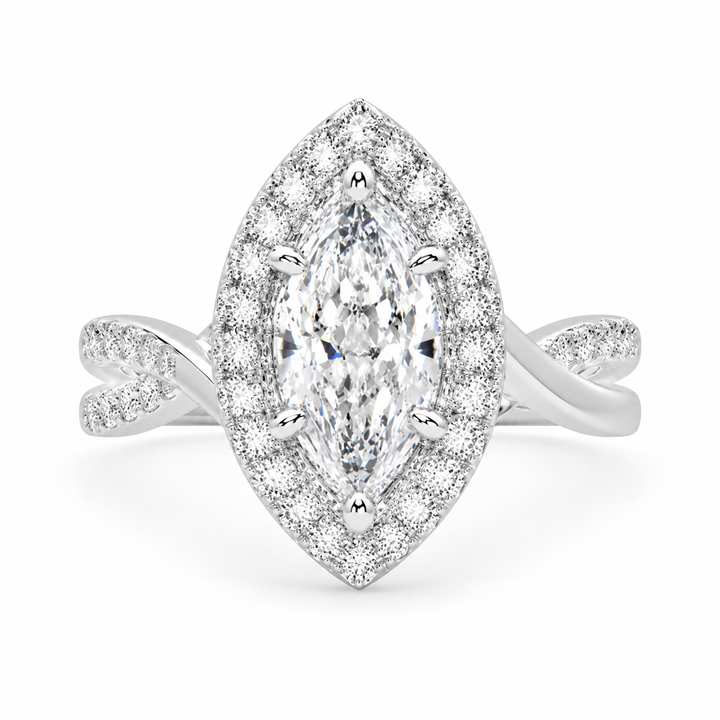 Celestina 3.35 Carat Marquise Cut Halo Pave Split Shank Engagement Ring