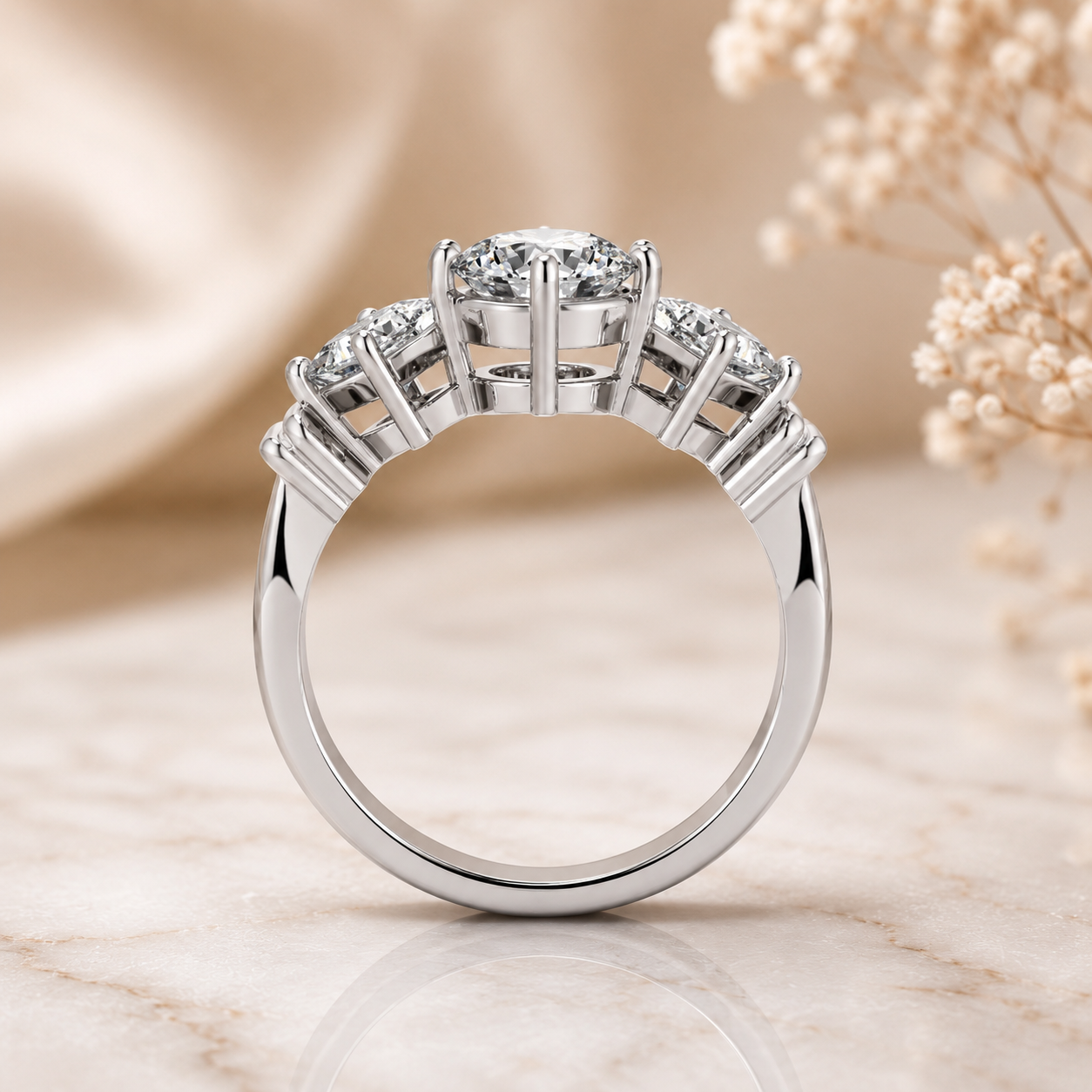 1.00 CT Round Lab-Grown Diamond Three-Stone Engagement Ring in 14K White Gold – Princess Side Stone Elegant Design