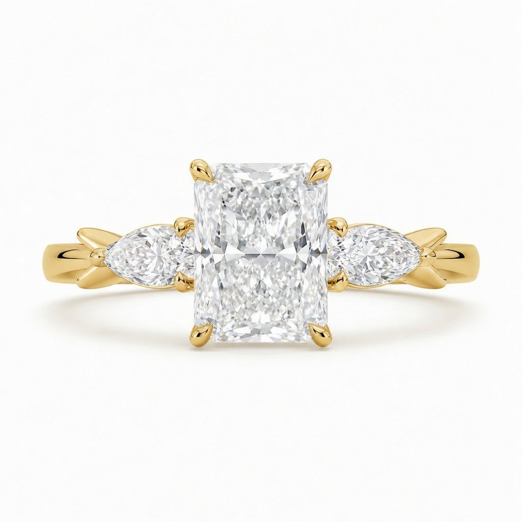 2.50 CT Radiant Lab-Grown Diamond Three-Stone Engagement Ring in 14K White Gold – Pear Side Stone Design