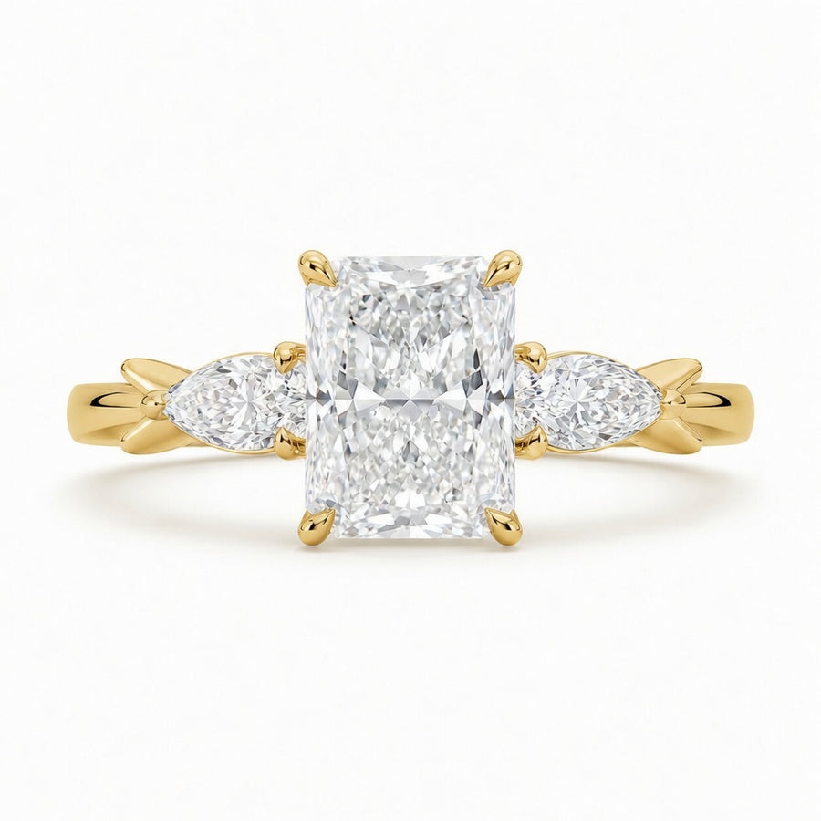 2.50 CT Radiant Lab-Grown Diamond Three-Stone Engagement Ring in 14K White Gold – Pear Side Stone Design