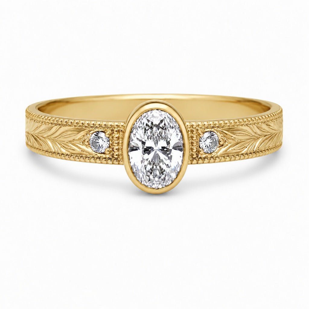 2.00 CT Oval Bezel Set Lab-Grown Diamond Engagement Ring in 14K White Gold – Hand-Engraved Vintage Heirloom Design