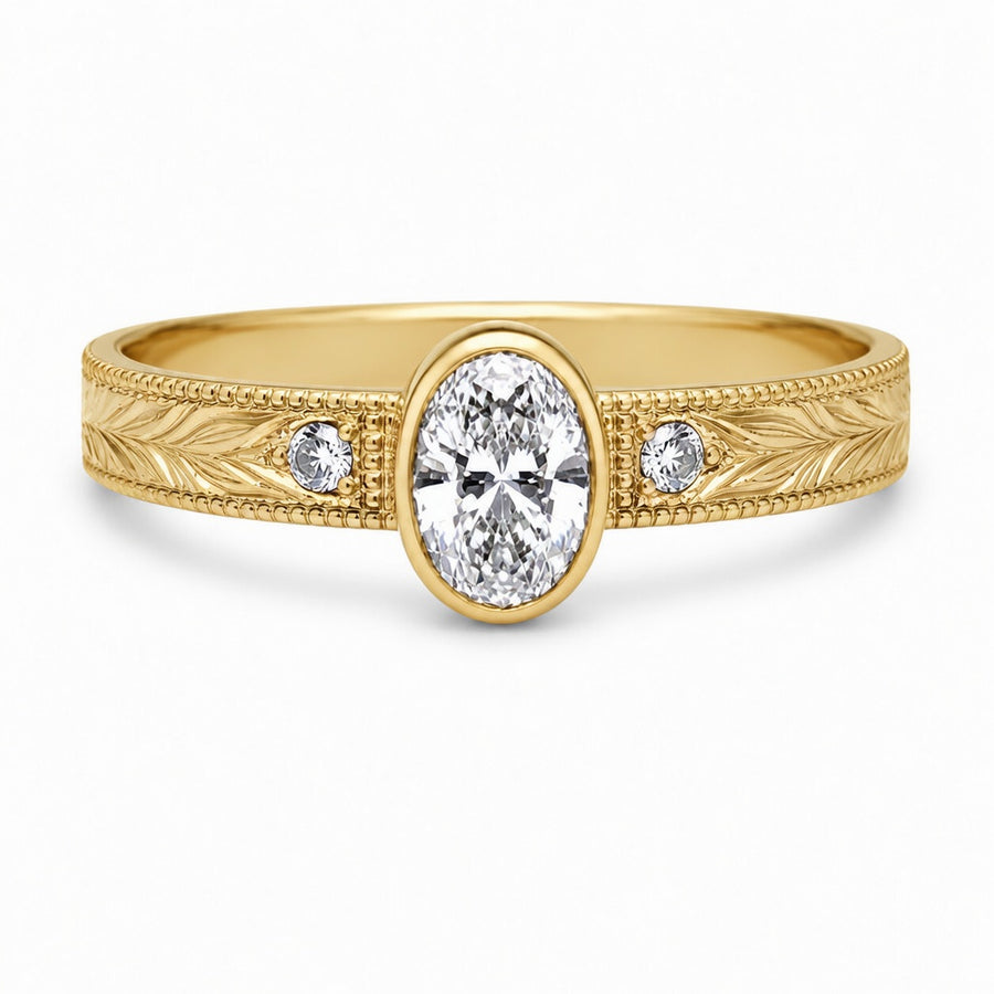 2.00 CT Oval Bezel Set Lab-Grown Diamond Engagement Ring in 14K White Gold – Hand-Engraved Vintage Heirloom Design