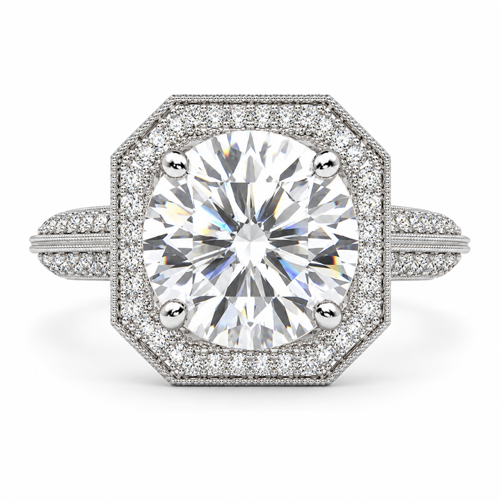 Beatrice 5.45 Carat Round Cut Halo Pave Knife Edge Milgrain Engagement Ring