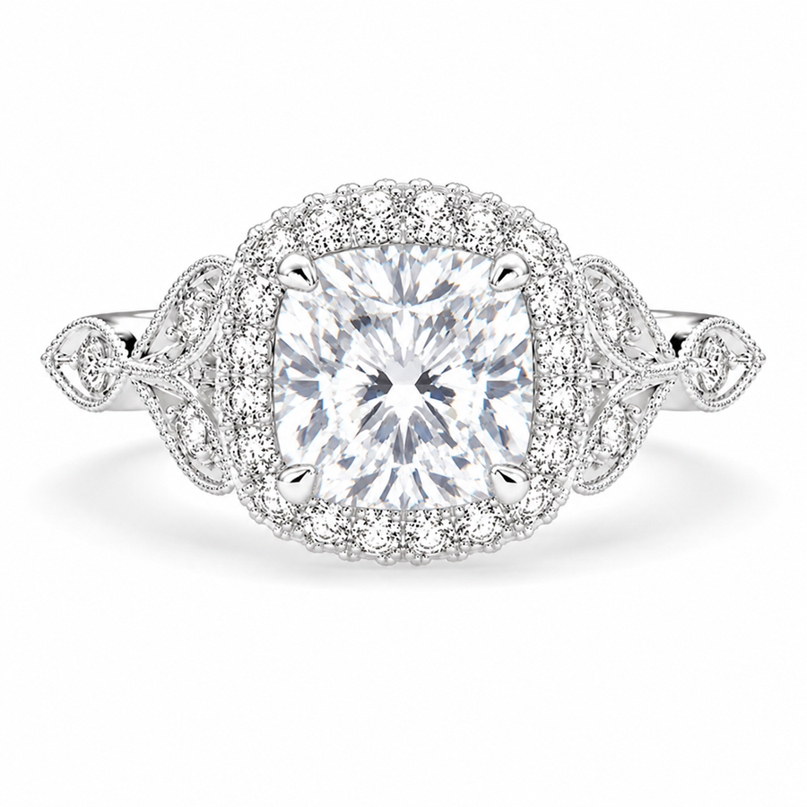 Ada 3.35 Carat Cushion Cut Halo Pave Engagement Ring