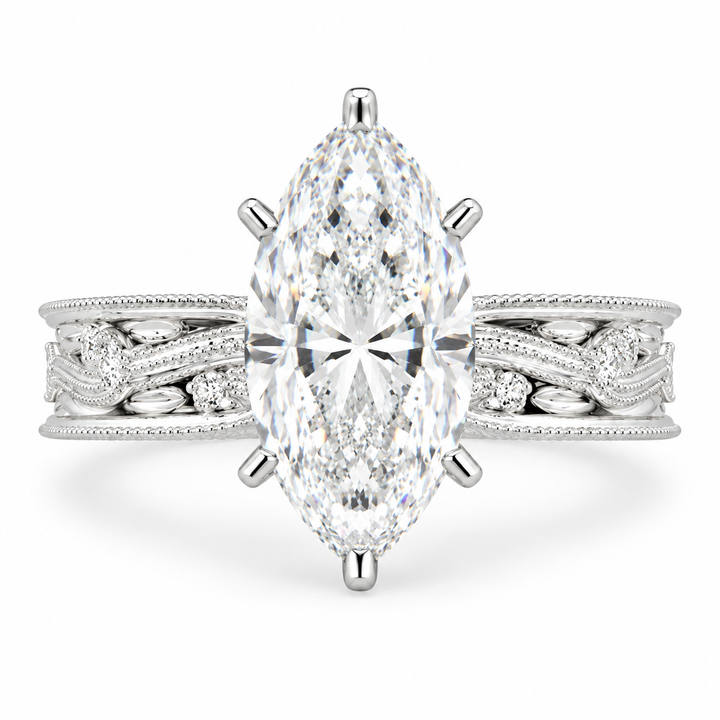 Sabrina 5 Carat Marquise Cut Solitaire Hand Engraved Milgrain Engagement Ring
