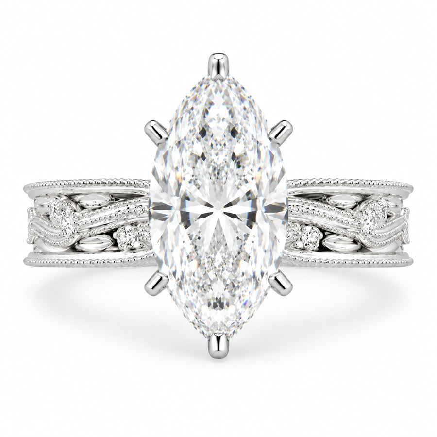 Sabrina 5 Carat Marquise Cut Solitaire Hand Engraved Milgrain Engagement Ring