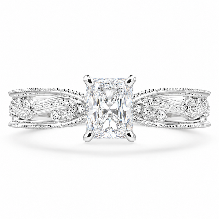 Sabrina 1 Carat Emerald Cut Solitaire Hand Engraved Milgrain Engagement Ring