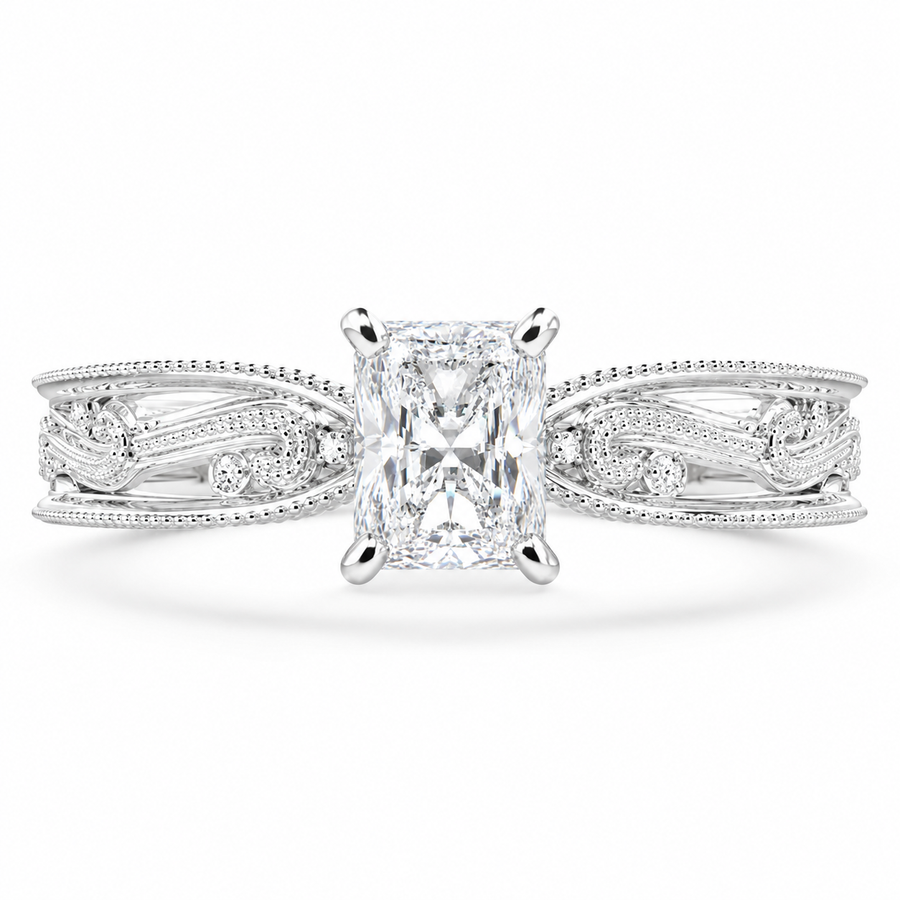 Sabrina 1 Carat Emerald Cut Solitaire Hand Engraved Milgrain Engagement Ring