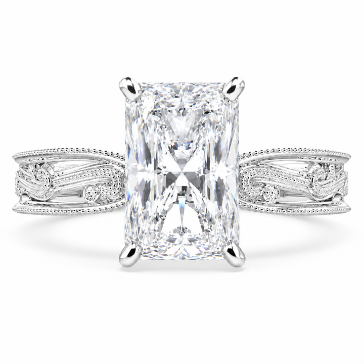 Sabrina 5 Carat Emerald Cut Solitaire Hand Engraved Milgrain Engagement Ring
