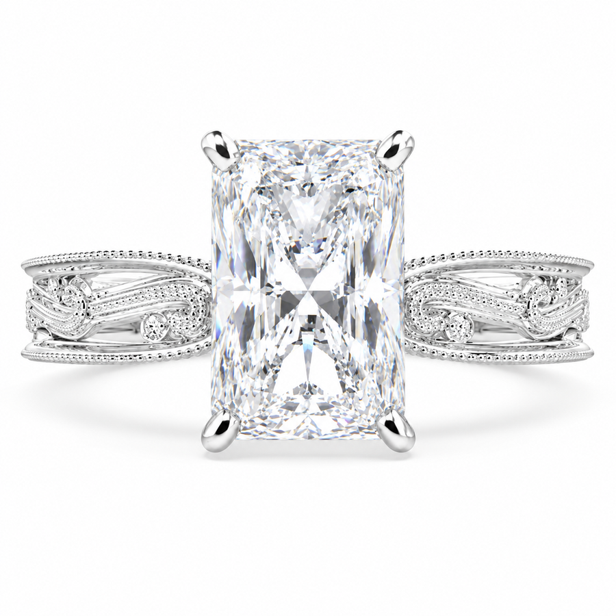 Sabrina 5 Carat Emerald Cut Solitaire Hand Engraved Milgrain Engagement Ring