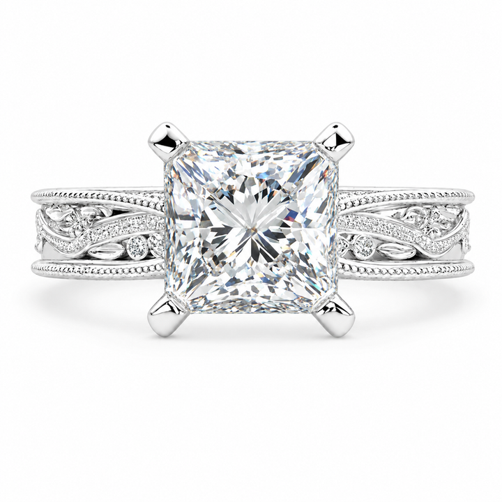 Sabrina 5 Carat Princess Cut Solitaire Hand Engraved Milgrain Engagement Ring