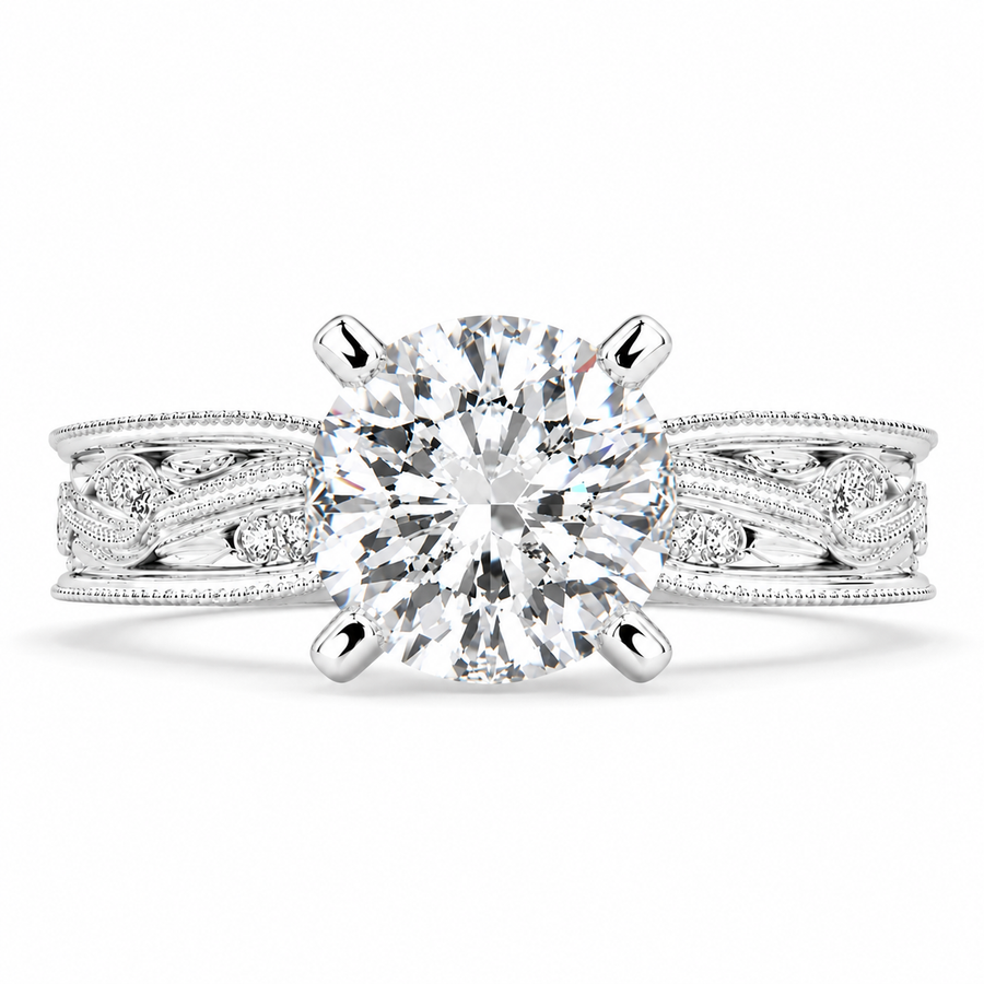 Sabrina 3 Carat Cushion Cut Solitaire Hand Engraved Milgrain Engagement Ring