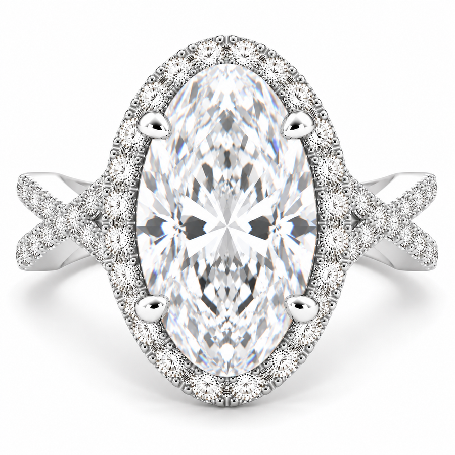 Ophelia 7.35 Carat Oval Cut Pave Halo Split Shank Engagement Ring
