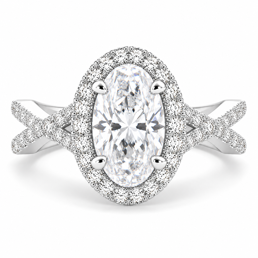 Ophelia 3.35 Carat Oval Cut Pave Halo Split Shank Engagement Ring