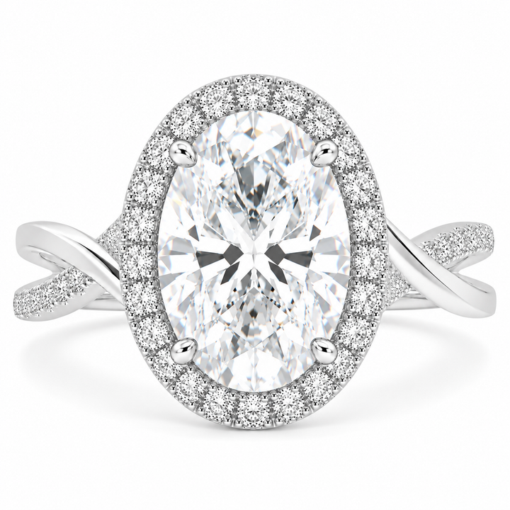 Celestina 7.35 Carat Oval Cut Halo Pave Split Shank Engagement Ring