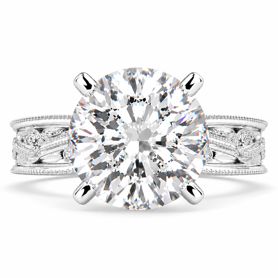 Sabrina 7 Carat Cushion Cut Solitaire Hand Engraved Milgrain Engagement Ring