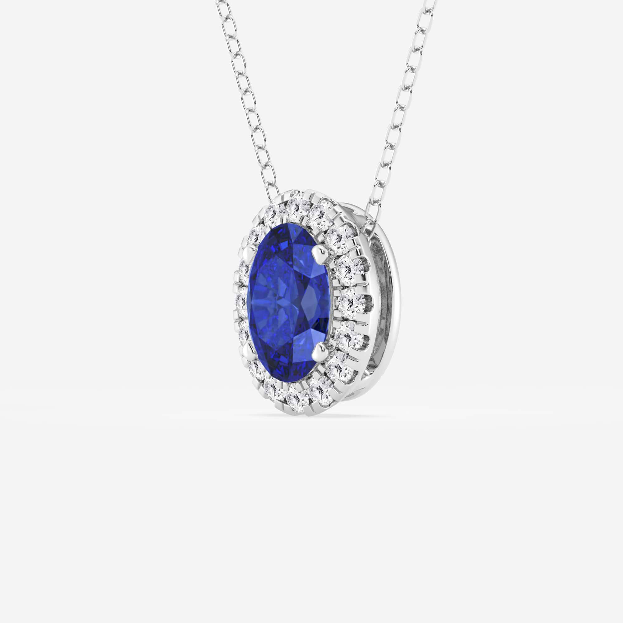 1 CTW Round Lab Grown Diamond Halo Pendant with 7.9x5.53 mm Oval Created Sapphire & Adjustable Chain