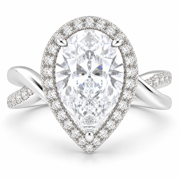 Celestina 7.35 Carat Pear Cut Halo Pave Split Shank Engagement Ring