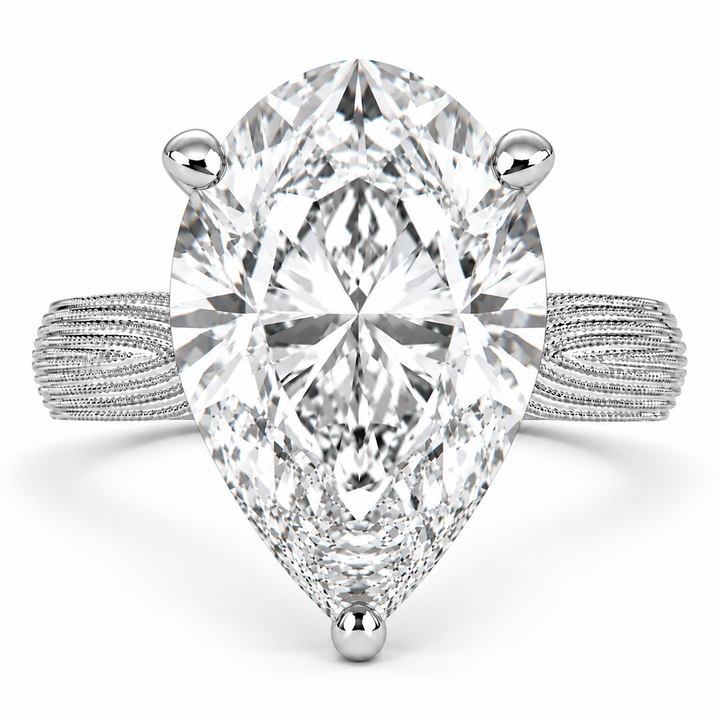 Valentina 6 Carat Pear Cut Solitaire Tapered Milgrain Engagement Ring