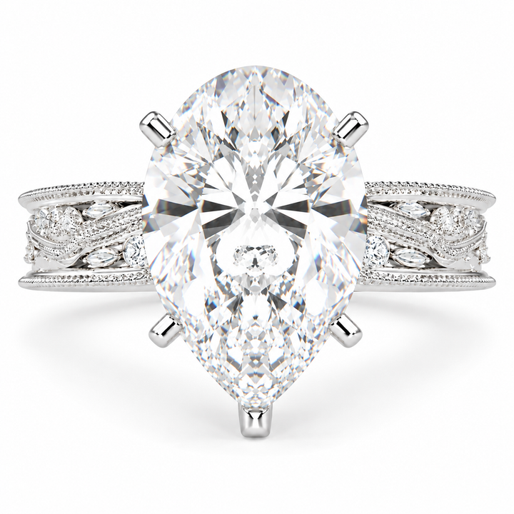 Sabrina 7 Carat Pear Cut Solitaire Hand Engraved Milgrain Engagement Ring